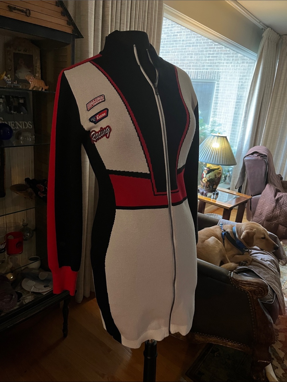AKIRA Black White Red Racing Zip-Up Sweater Dress